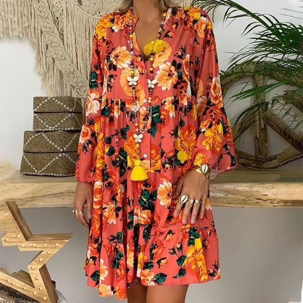 Bohemian Dresses with Tassels -Printed V-neck button ruffled loose dress