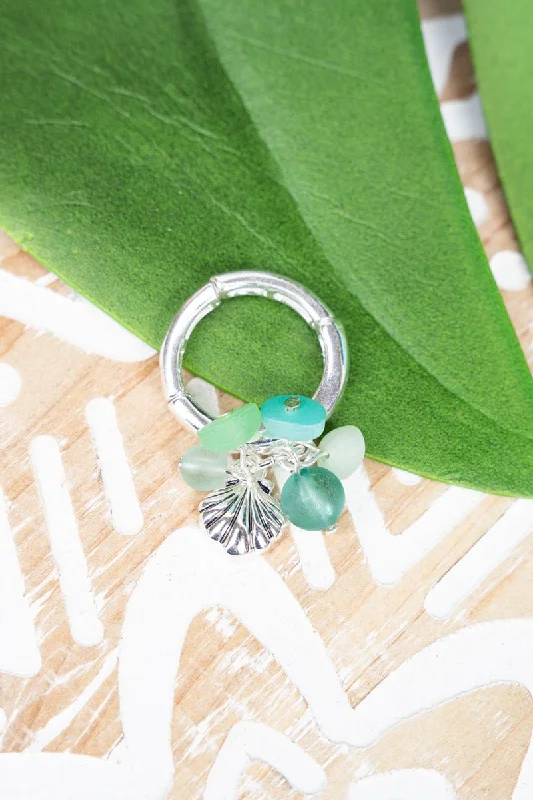 Stackable rings with mixed metal finishes -SALE! Mint Sea Glass and Seashell Cluster Ring