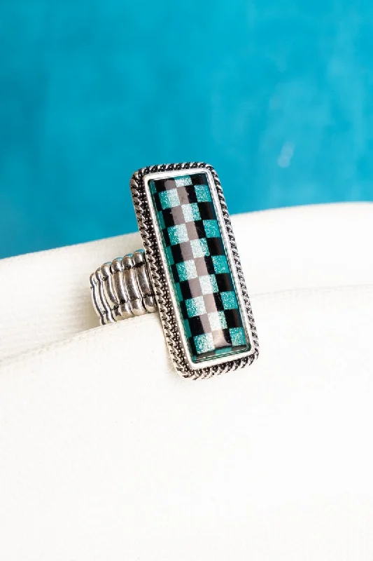 Titanium rings with rugged brushed metal look -TIPI Turquoise and Black Glitter Checkerboard Stretch Silvertone Ring