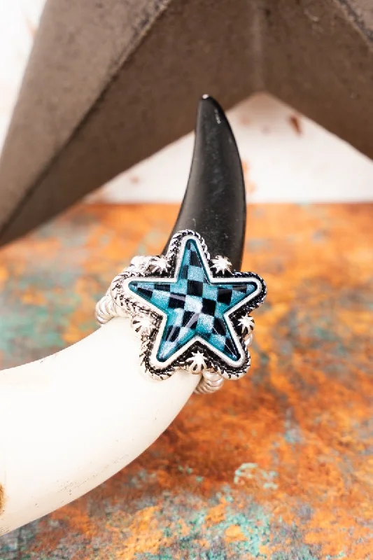 Dainty rings with subtle engraved star motifs -TIPI Turquoise Check Out The Stars Stretch Silvertone Ring