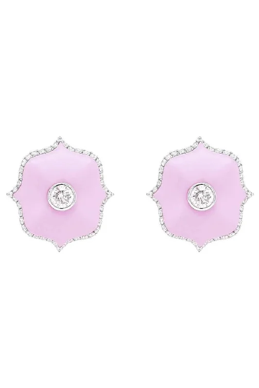 Long Drop Earrings for Dramatic -Diamond and Pink Cerarmic Lotus Earrings