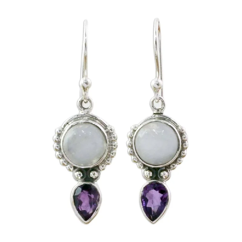 Drop Earrings with Hammered Finish -Handmade Indian Rain Amethyst Rainbow Moonstone Earrings (India) - 1.5*0.4