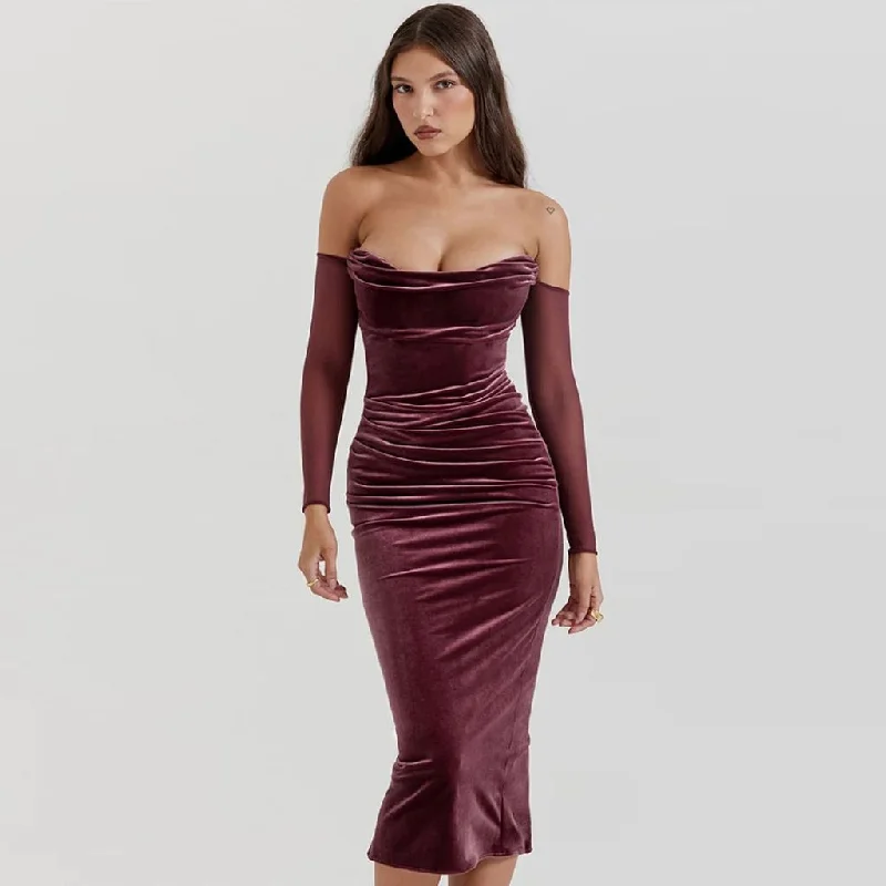 Mother's Day Dresses for Gift -Off Shoulder Velvet Christmas Dress