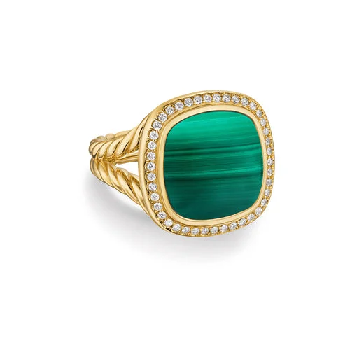 Rings with claw-set amethyst for security -Albion Ring in 18K Yellow Gold with Malachite and Diamonds, 15mm, Size 7