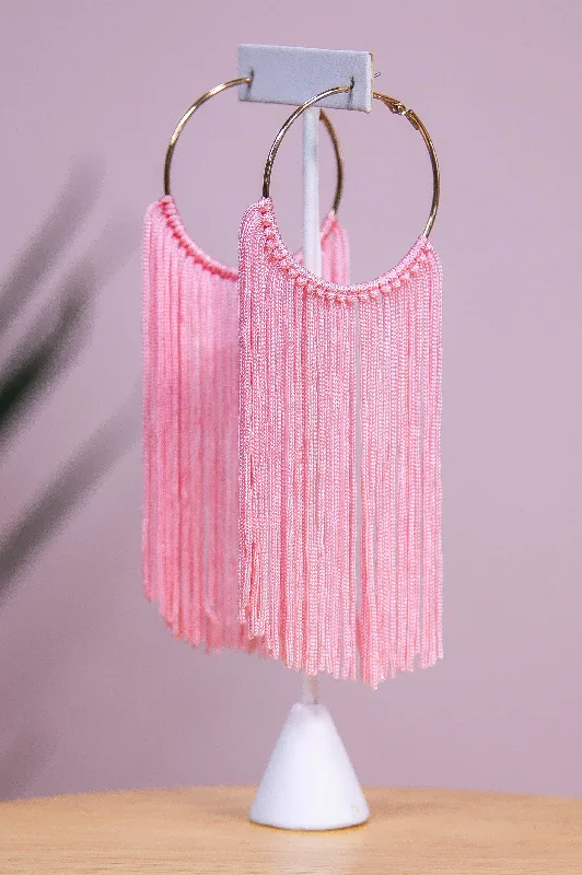 Drop Earrings for Work Attire -Long Pink Tassel Gold Hoop Earrings - EAR4373PK