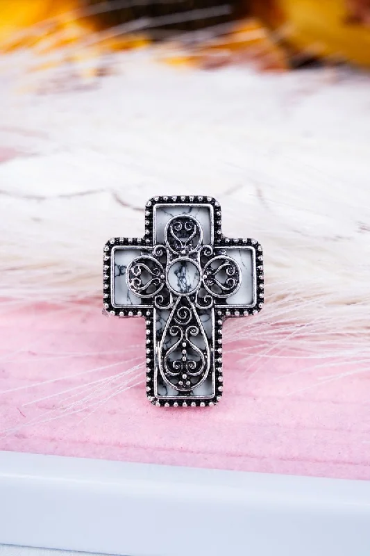 Rings with vine-wrapped bands for nature -Loretta White Cross Silvertone Ring