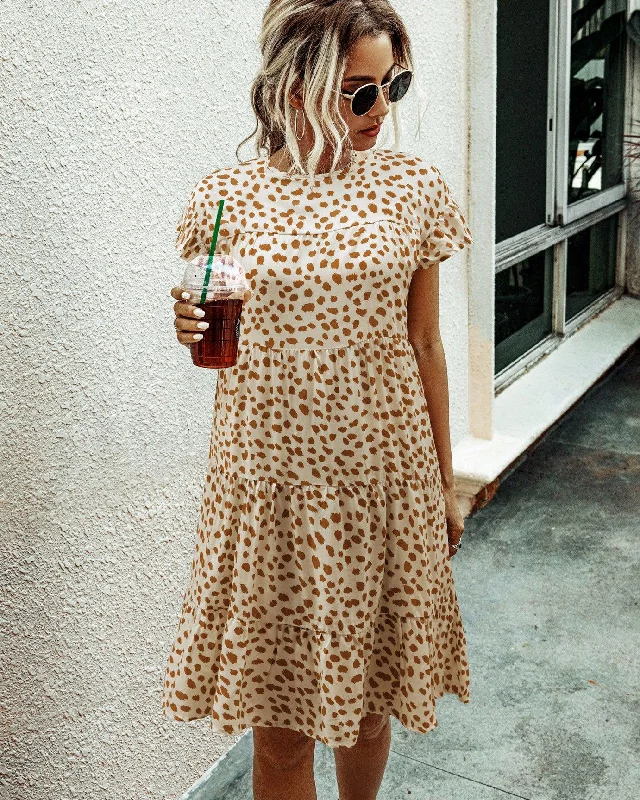 Beach Dresses for Coastal -Leopard print round neck short sleeve loose dress