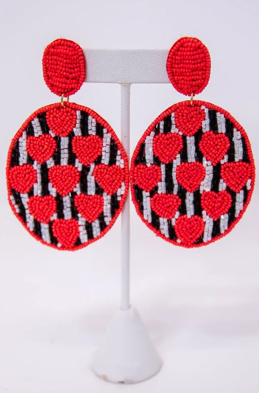 Drop Earrings for Fitness Activities -Red/Black/White Heart/Striped Seed Bead Oval Earrings - EAR4208RD