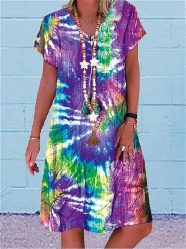 Anniversary Dresses for Special -Multi-color printed short-sleeved V-neck dress