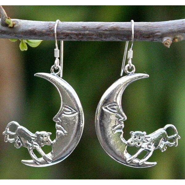 Animal Print Drop Earrings for Fun -Handmade Sterling Silver 'Cow in the Moon' Dangle Earrings (Thailand)