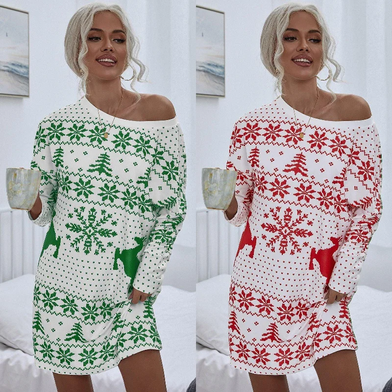 Beaded Dresses for Glamour -Fashionable Christmas Printed Knit Dress