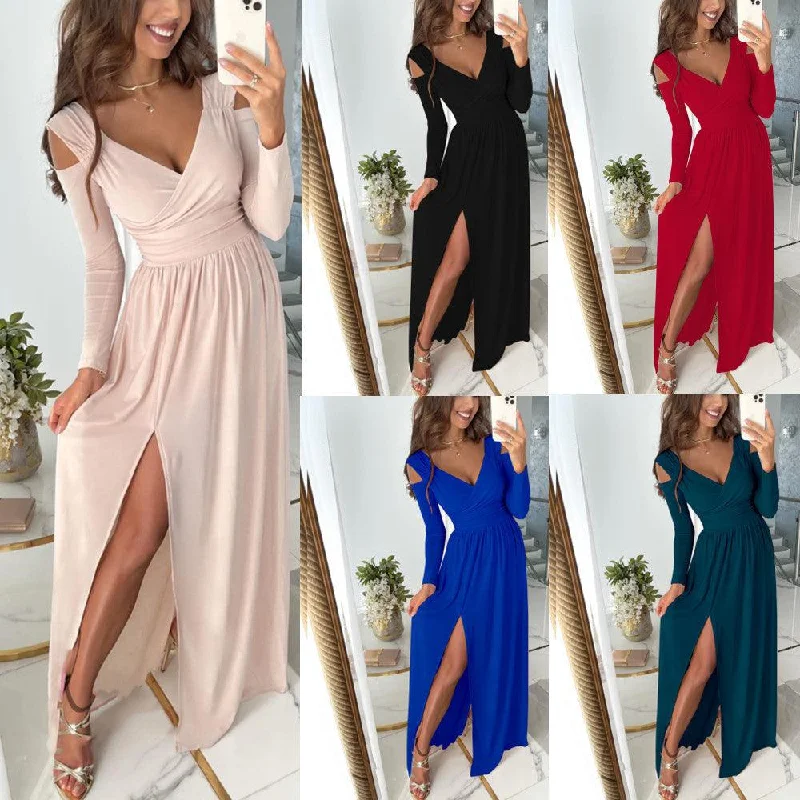 Nylon Dresses for Stretchable -Women's Spring And Summer Long Sleeve V-Neck Solid Color Hem Slit Dress