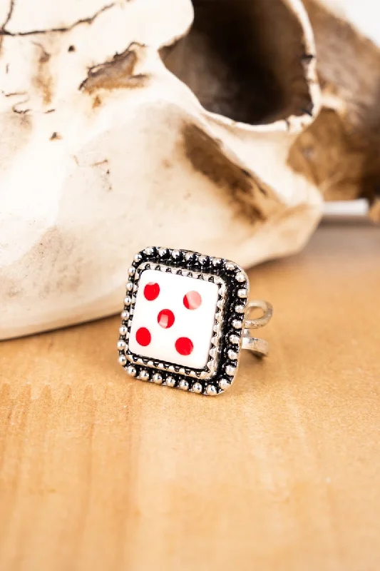 Rings with birthstone clusters for personalization -TIPI Roll The Dice Red Stretch Silvertone Ring