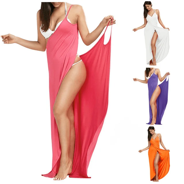 Silk Dresses for Luxurious -Women's Sexy Suspender Beach Dress with V-Neck and Side Split