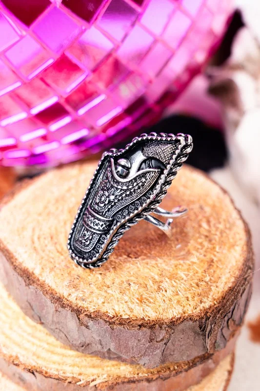 Rings with etched floral bands for detail -TIPI O.K. Corral Pistol Silvertone Cuff Ring