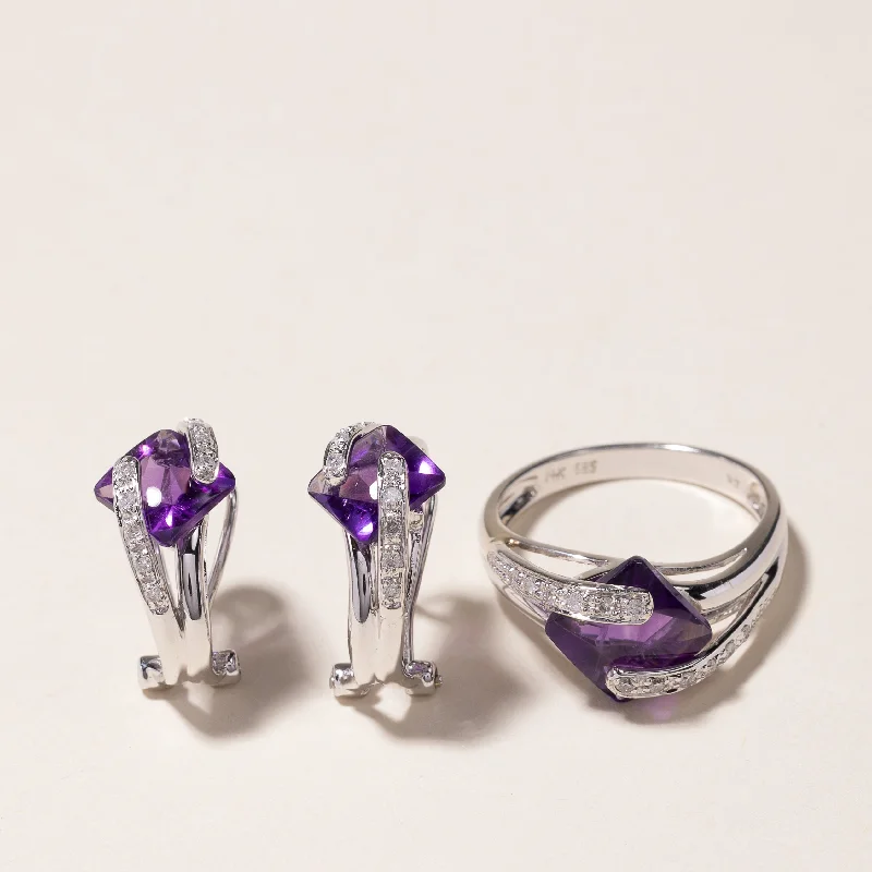 Hoop earrings with open designs for a modern, lighthearted vibe-14k White Gold Amethyst & Diamond Earring & Ring Set | 6.00ctw, 0.29ctw | SZ 7